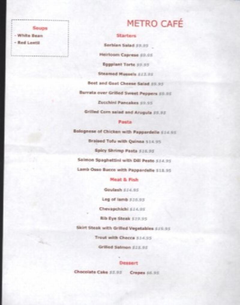 Vintage Metro Cafe Menus